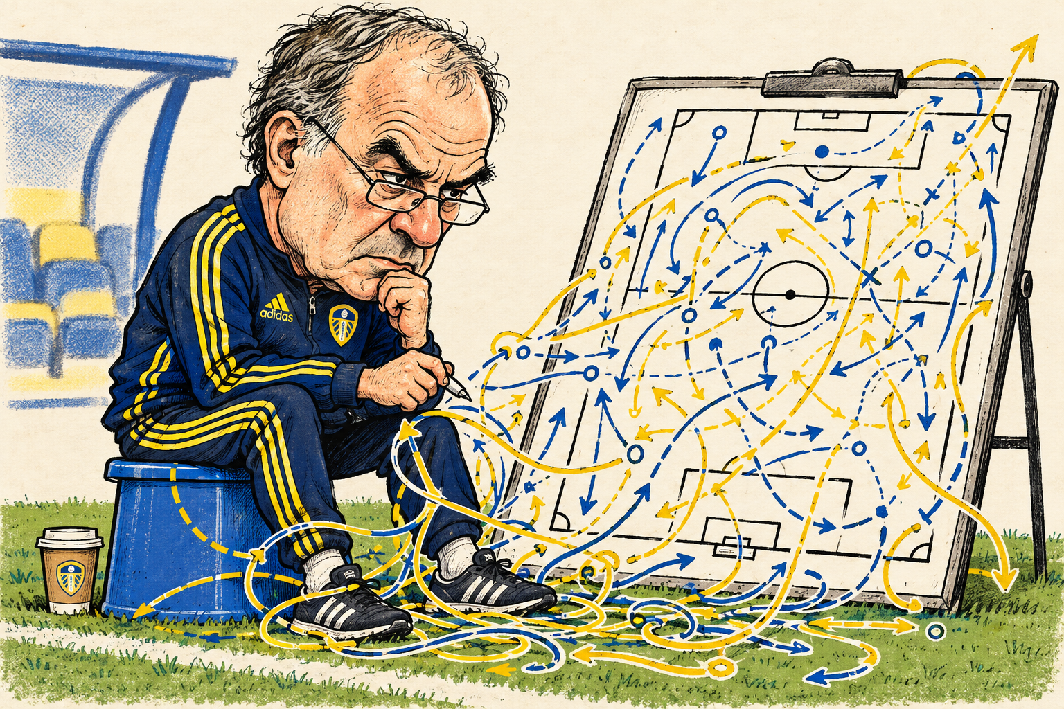 Caricature of Marcelo Bielsa in Leeds training kit on a blue bucket, studying a tactics board whose arrows spill across the touchline.