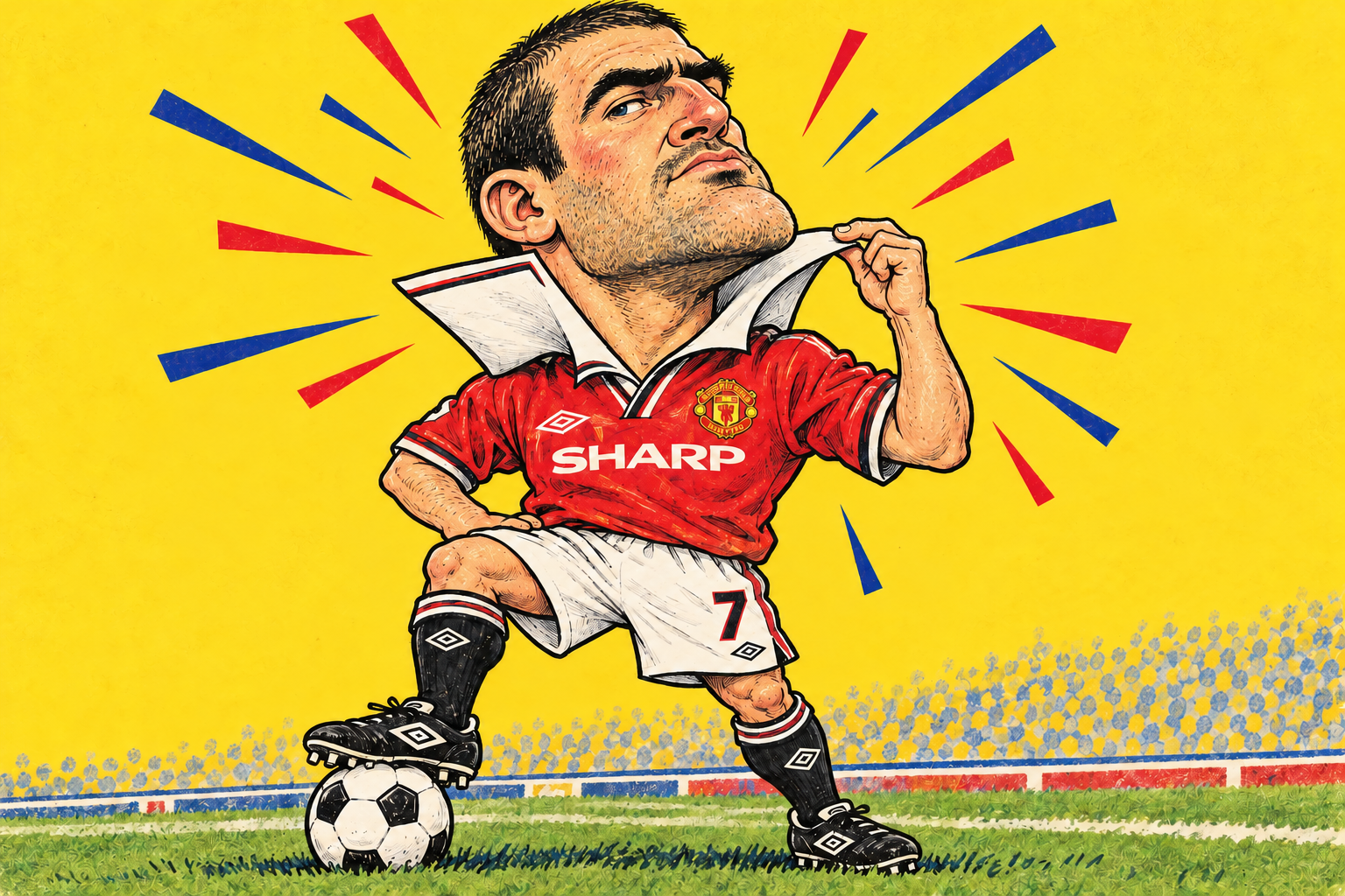 Eric Cantona caricature adjusting an oversized turned-up collar in his red number seven kit, with a football beneath his boot.
